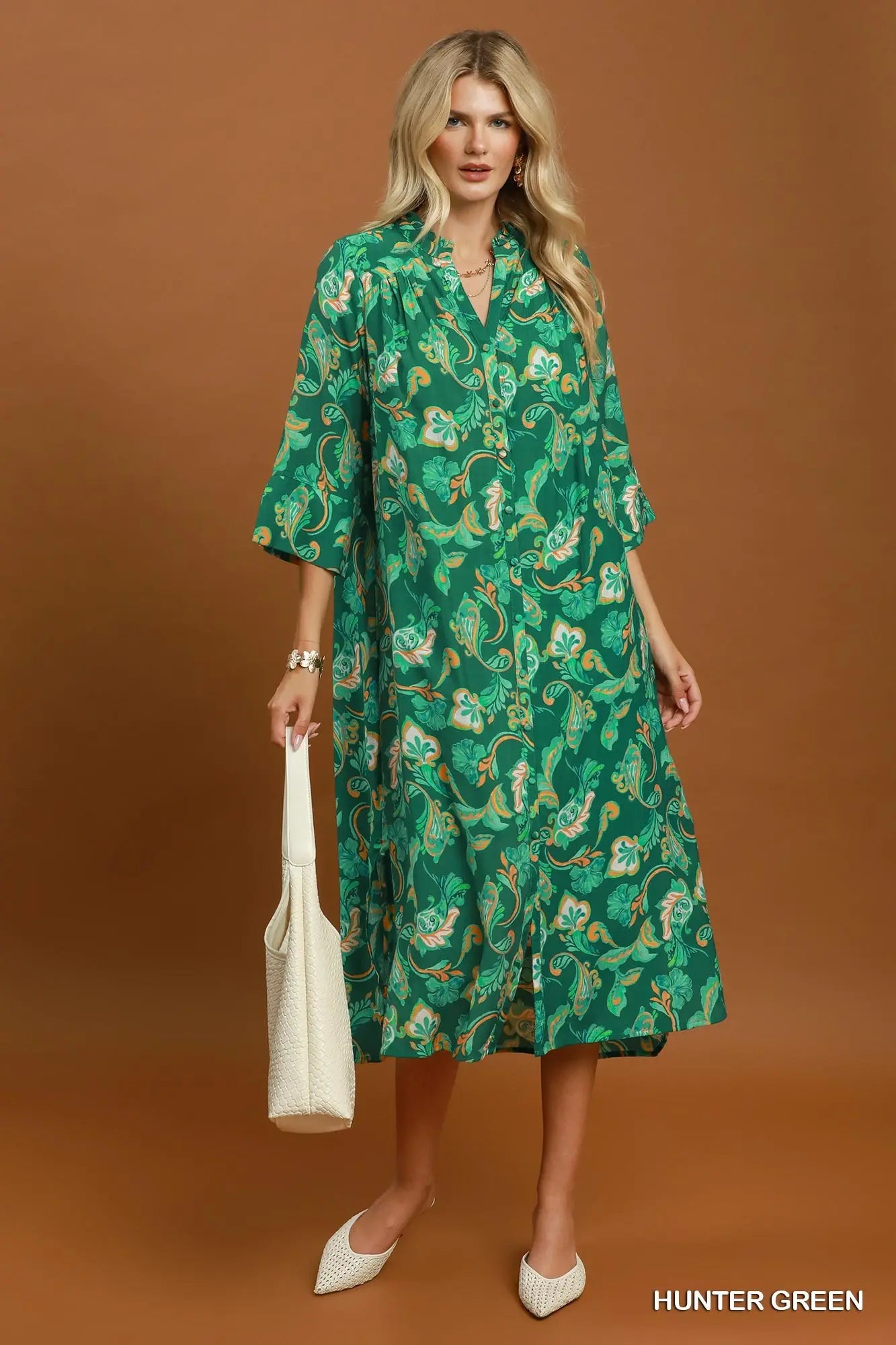 Umgee Hunter Green Paisley Button-Front Maxi Shirt Dress