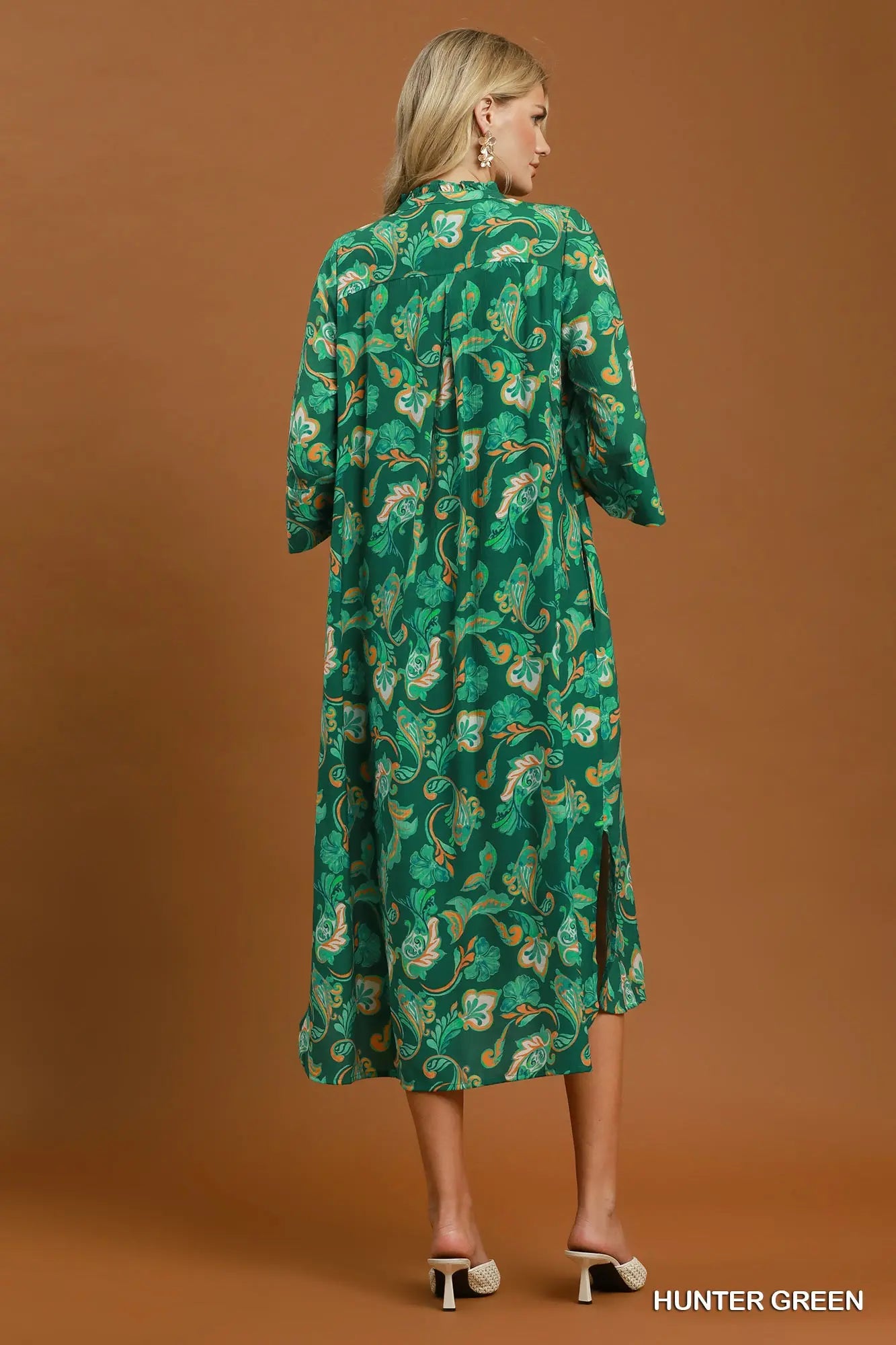 Umgee Hunter Green Paisley Button-Front Maxi Shirt Dress