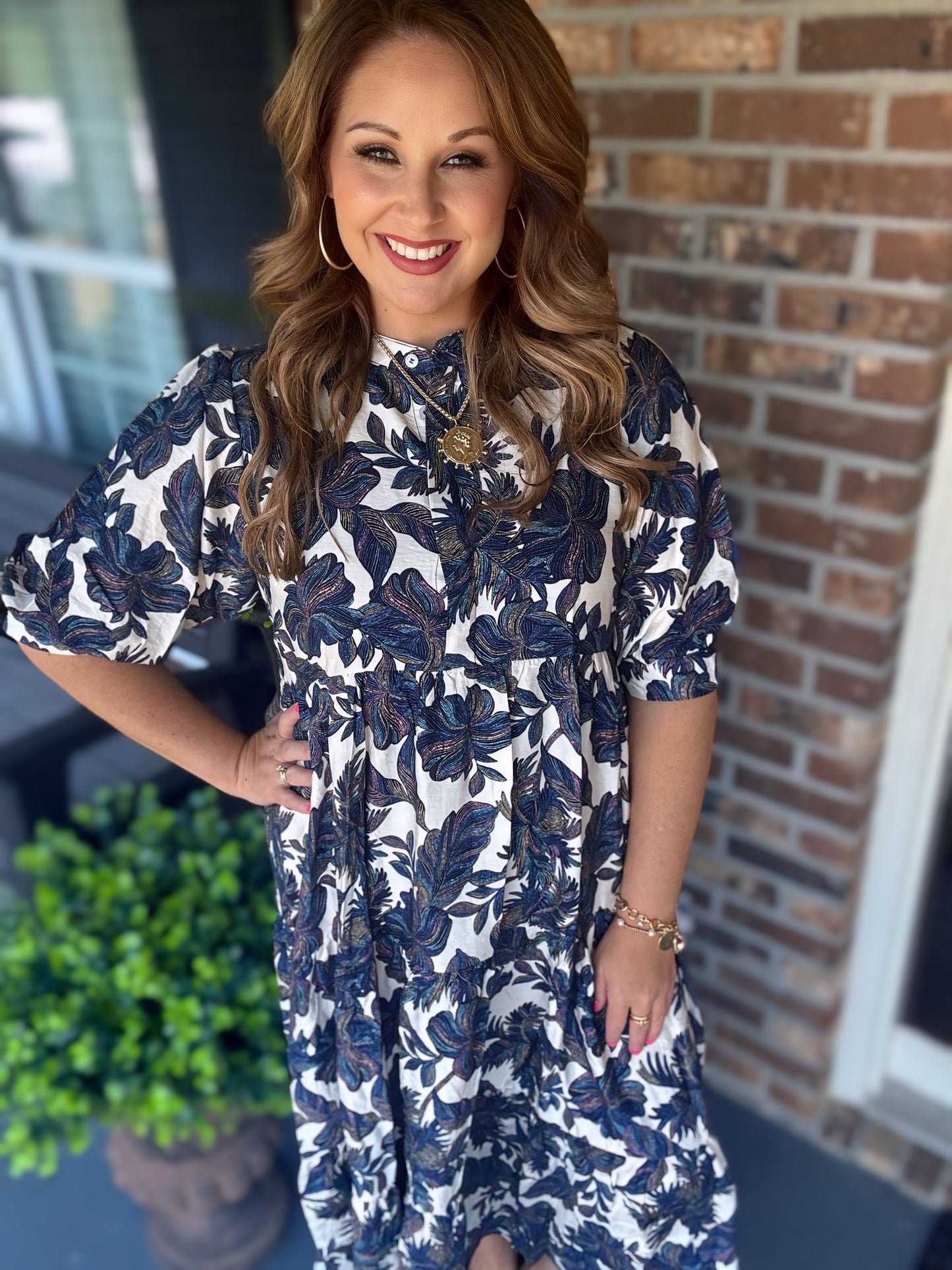 Boho Leaf Print Tiered Midi Dress-Blue