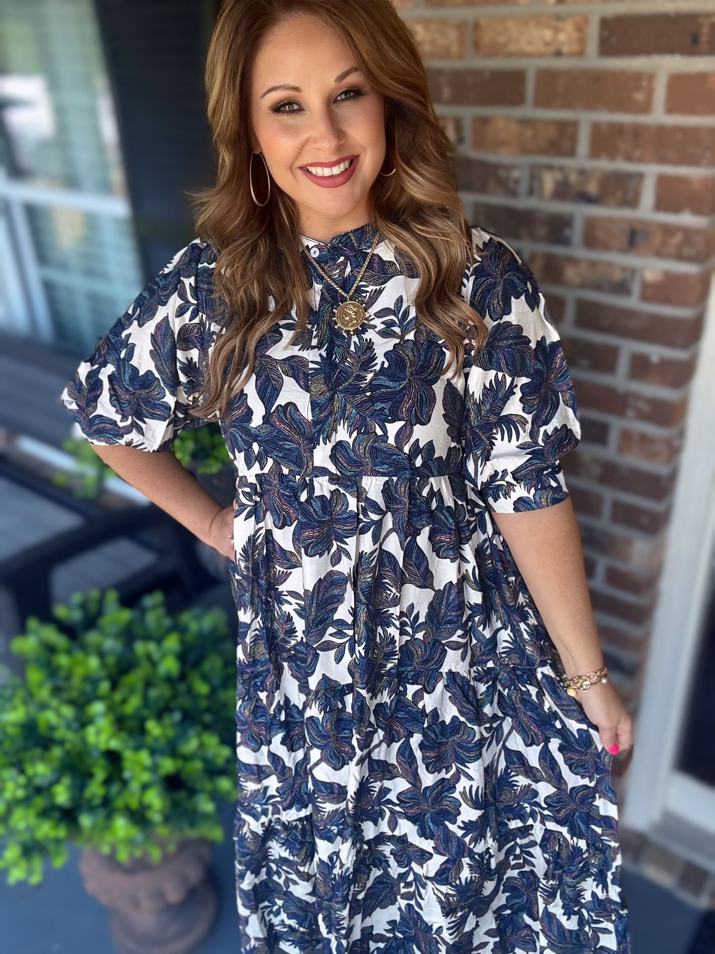 Boho Leaf Print Tiered Midi Dress-Blue