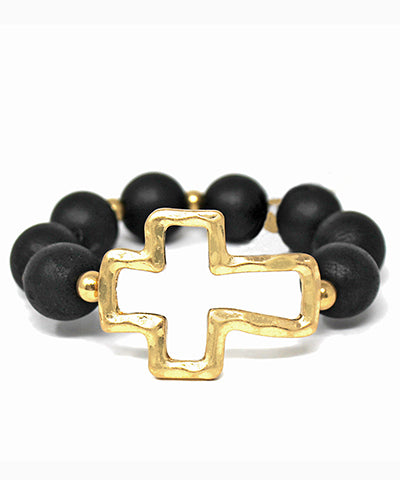 Wood Ball & Metal Cross Bracelet
Black