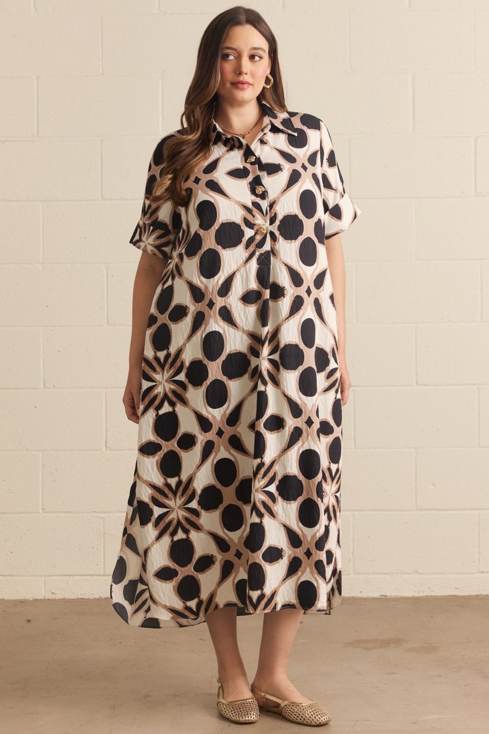 Entro Black Abstract Print Button Detail Midi Shirt Dress