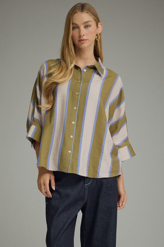 Entro Olive & Blue Striped Dolman Sleeve Top