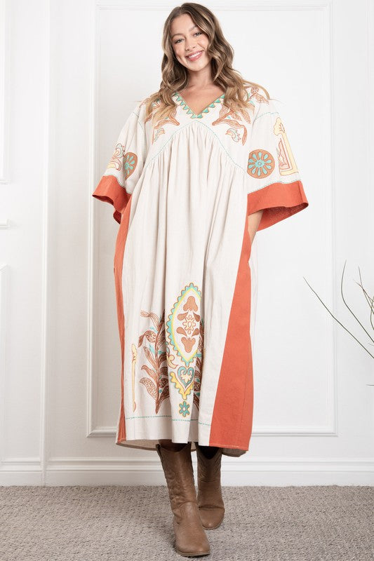 Taupe and Rust Embroidered Maxi Dress