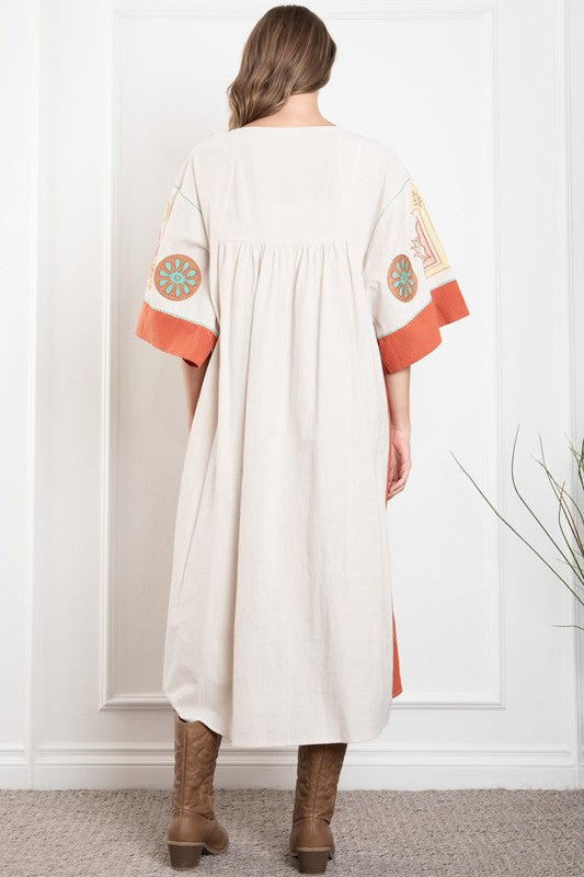 Taupe and Rust Embroidered Maxi Dress