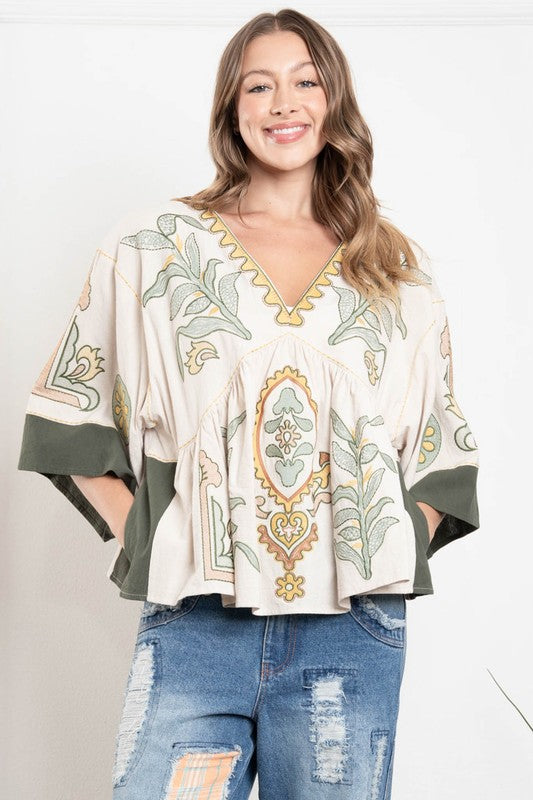 Olive embroidered top