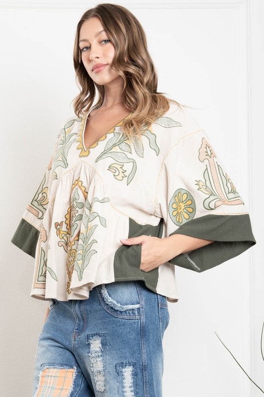 Olive embroidered top