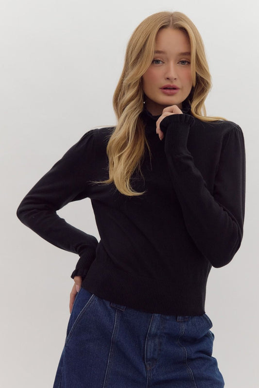 Black Lettuce Trim Solid Mock Neck