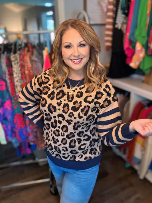 Cheetah Striped Sweater Tan and Navy