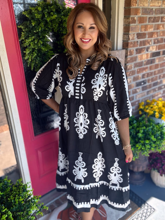 Black Desert Bloom Embroidered Midi Dress