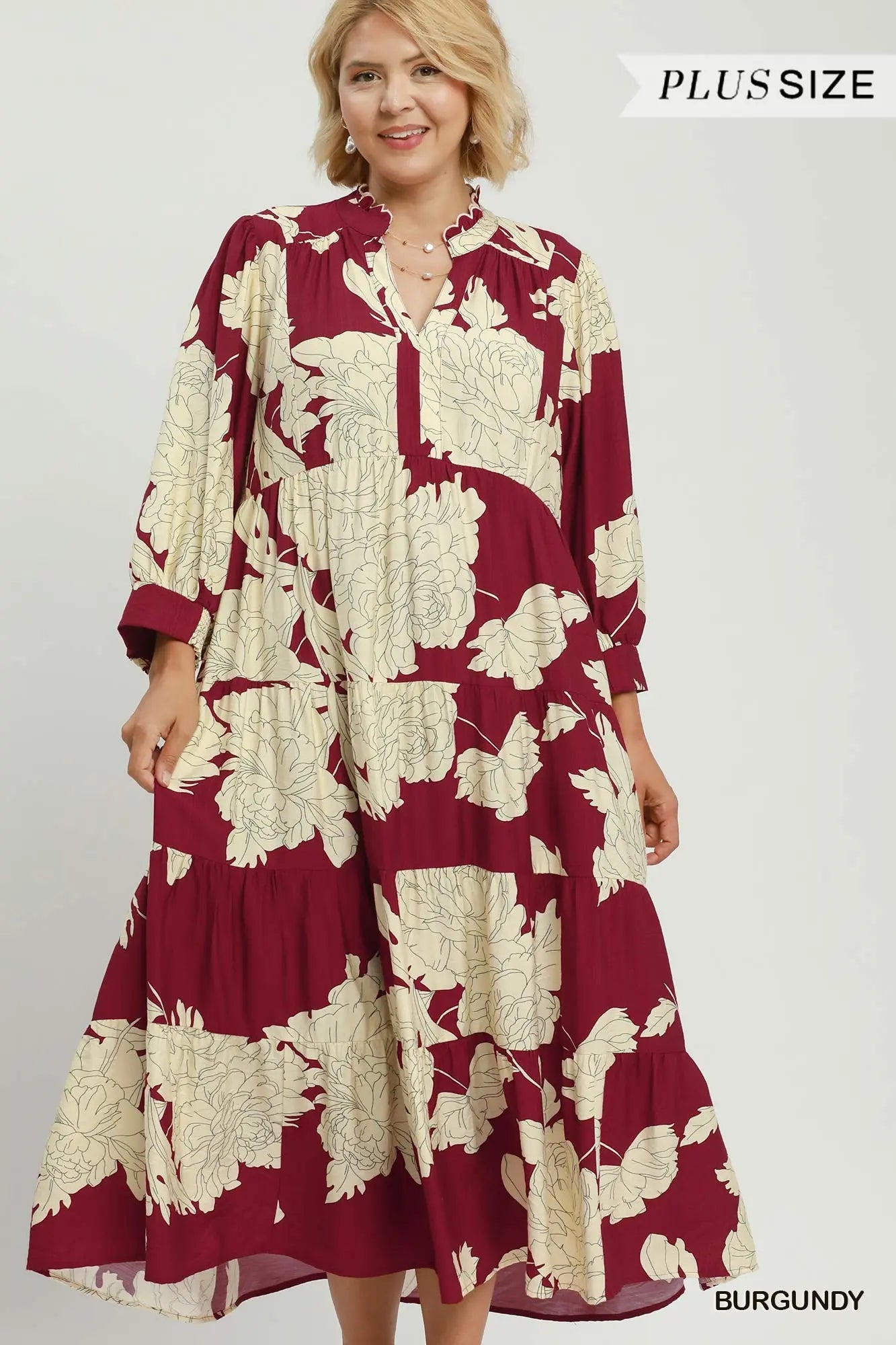 Umgee Burgundy Floral Tiered Maxi Dress