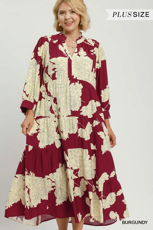 Umgee Burgundy Floral Tiered Maxi Dress