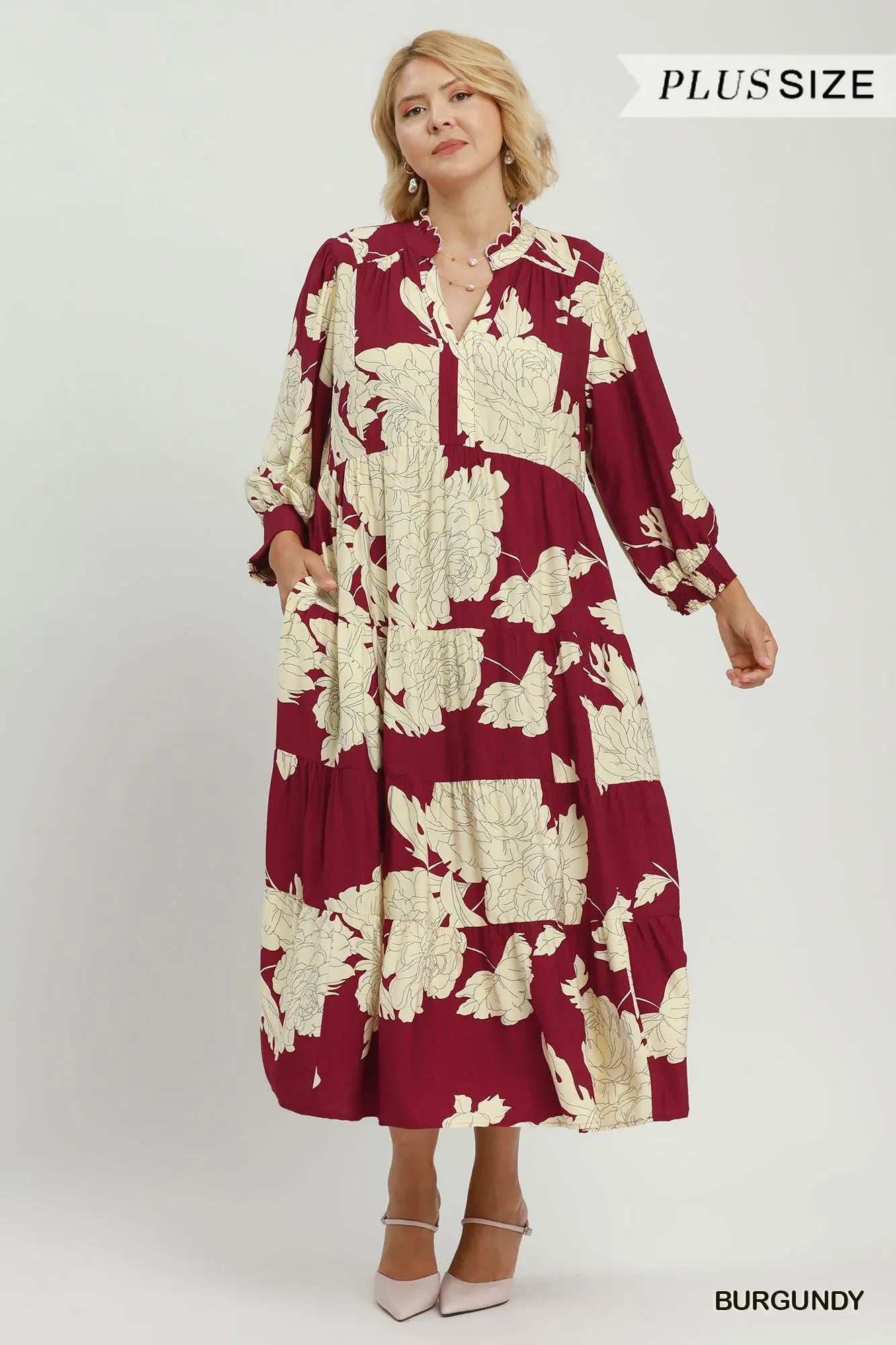 Umgee Burgundy Floral Tiered Maxi Dress