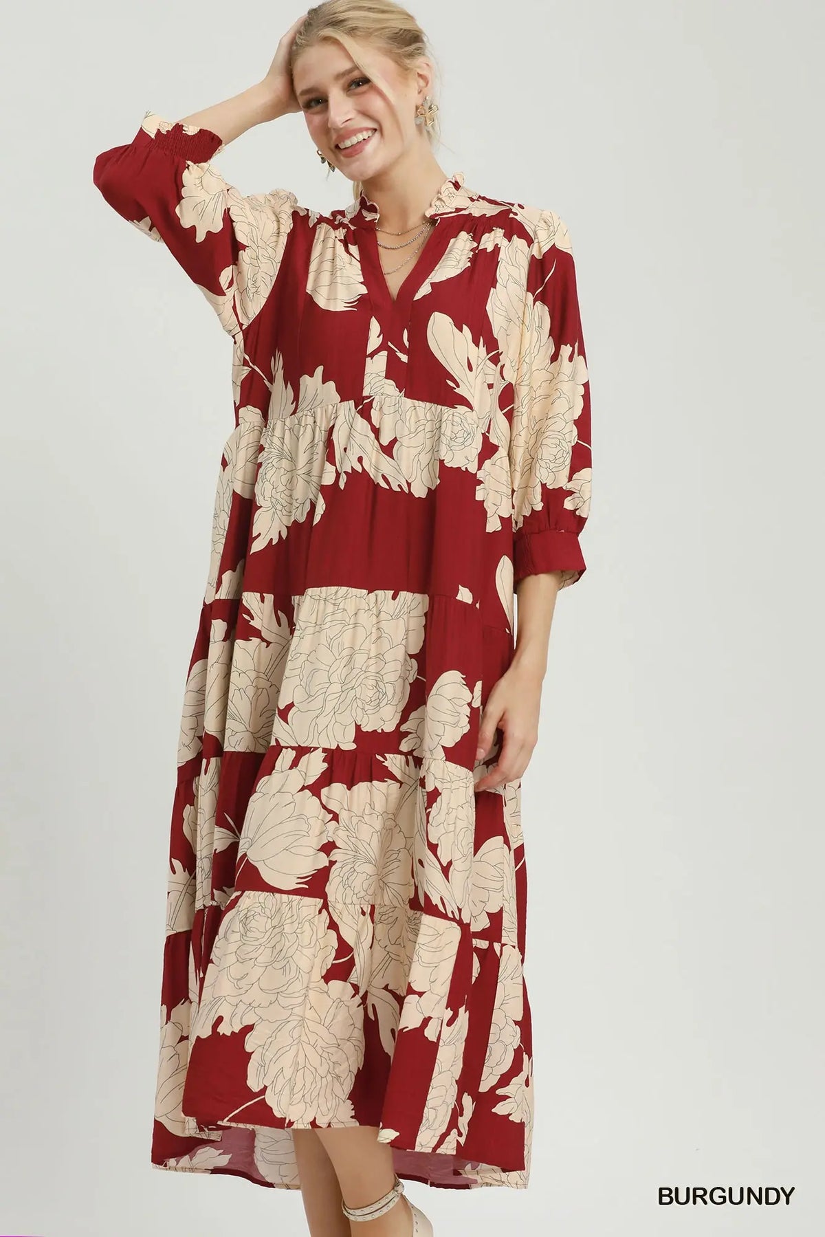 Umgee Burgundy Floral Tiered Maxi Dress