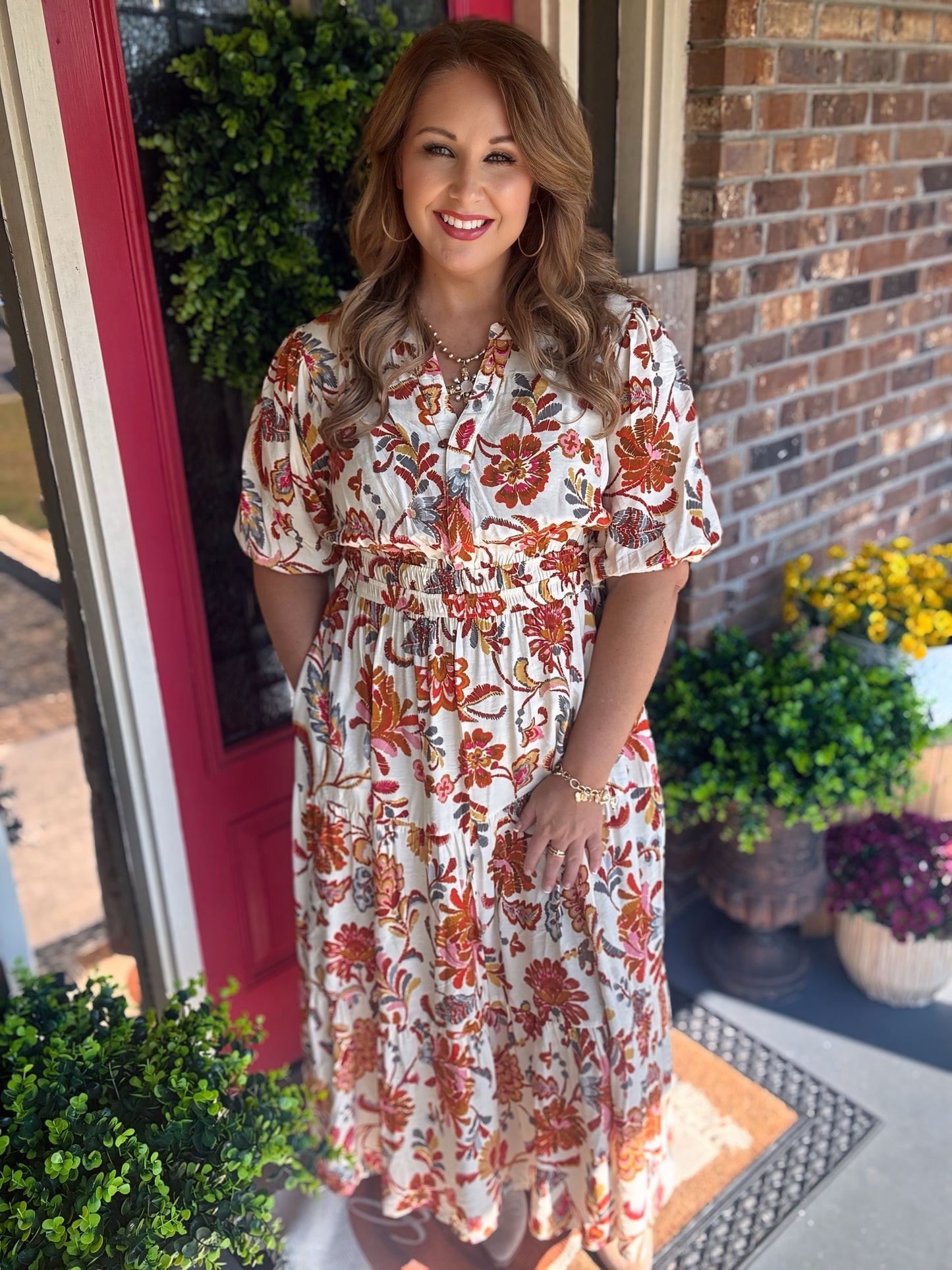 Cream/Rust Floral Tiered Midi Dress