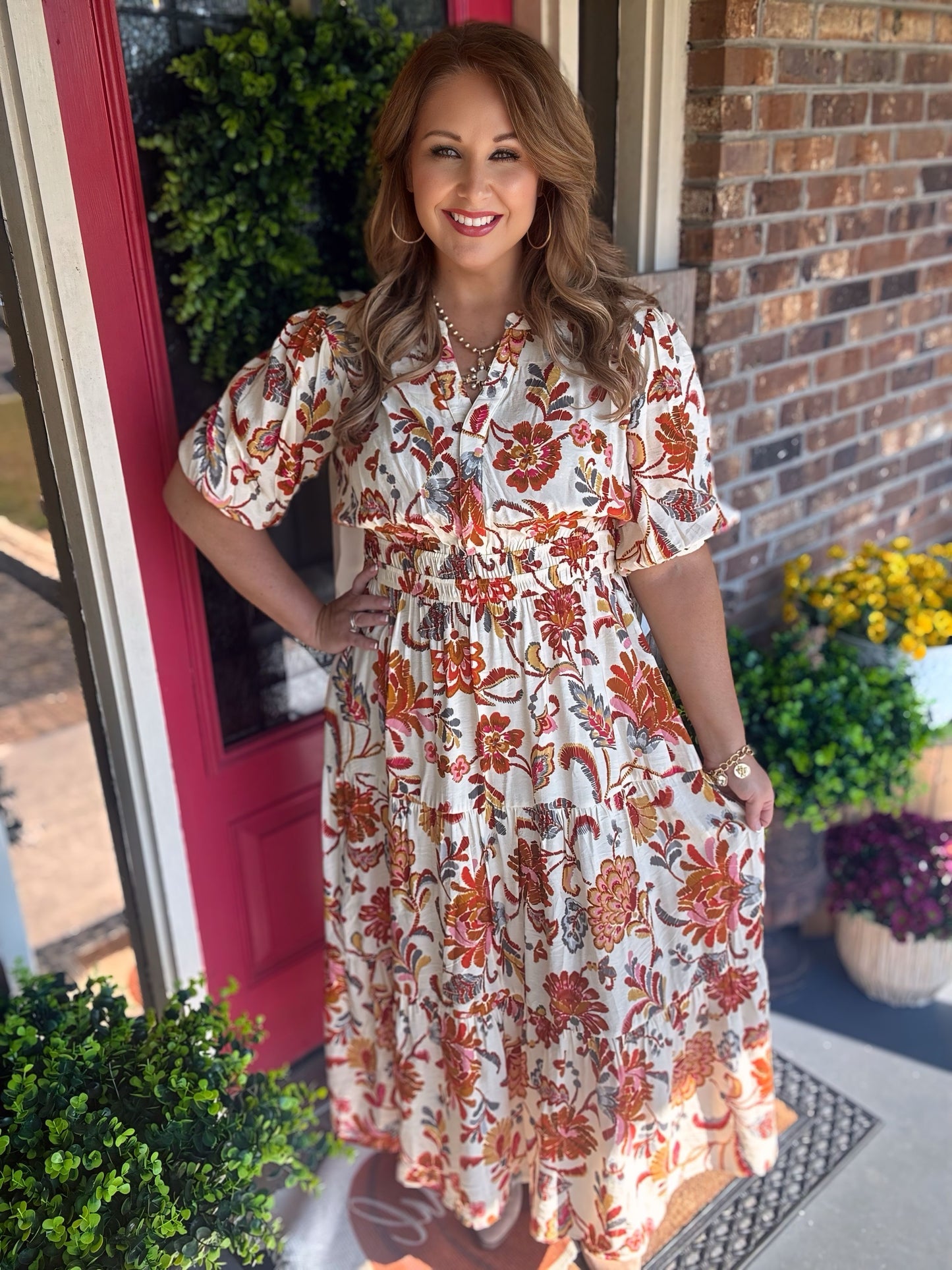 Cream/Rust Floral Tiered Midi Dress