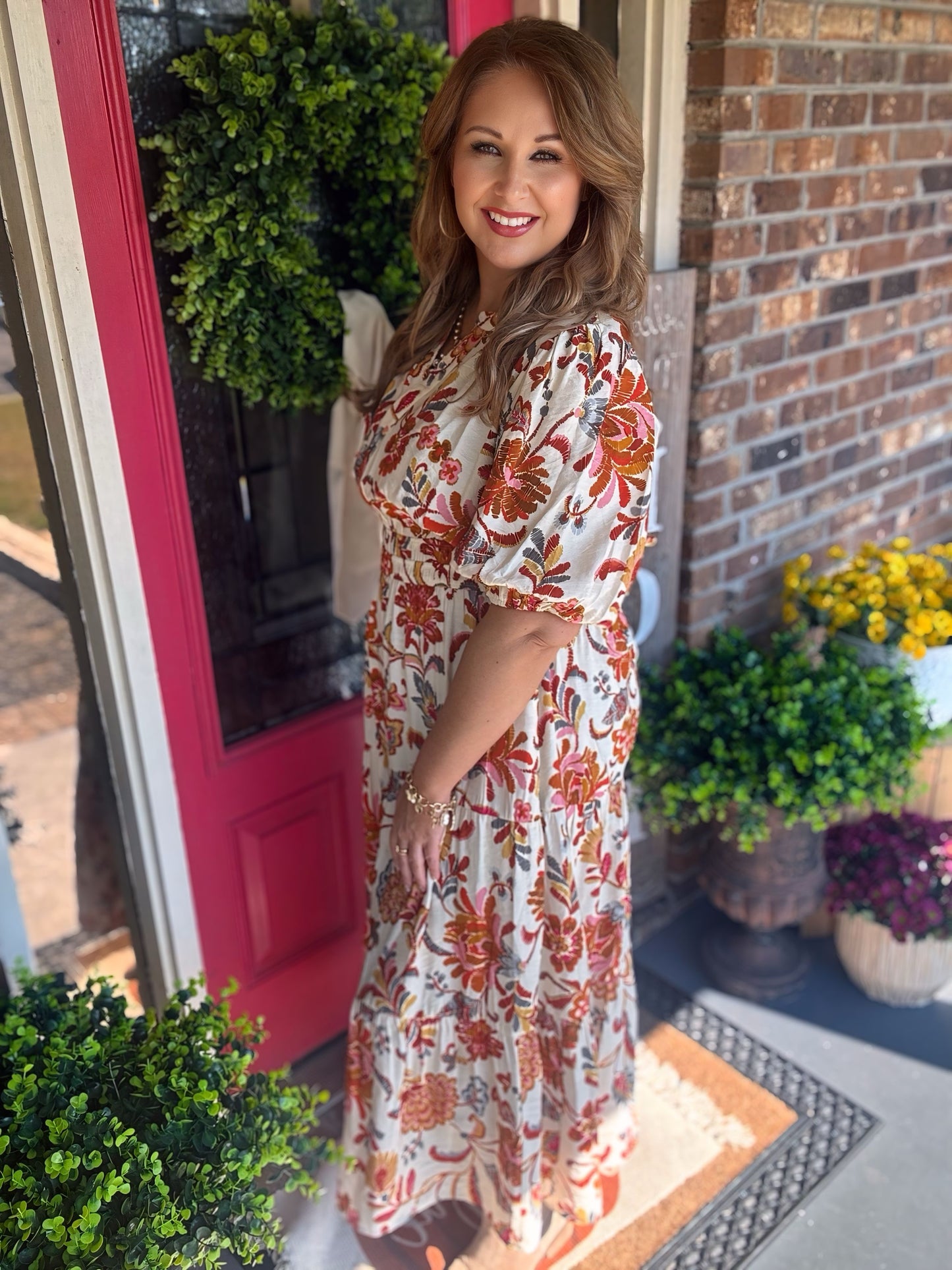 Cream/Rust Floral Tiered Midi Dress