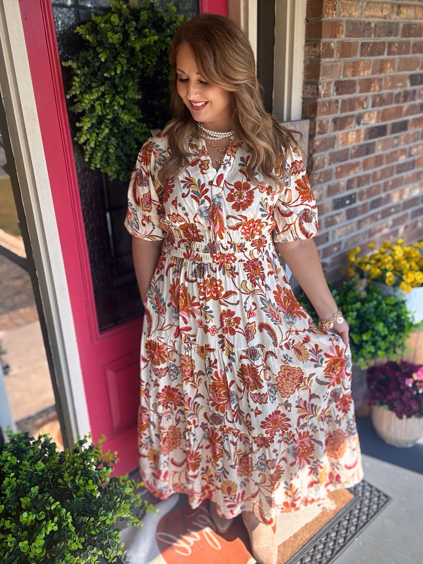 Cream/Rust Floral Tiered Midi Dress