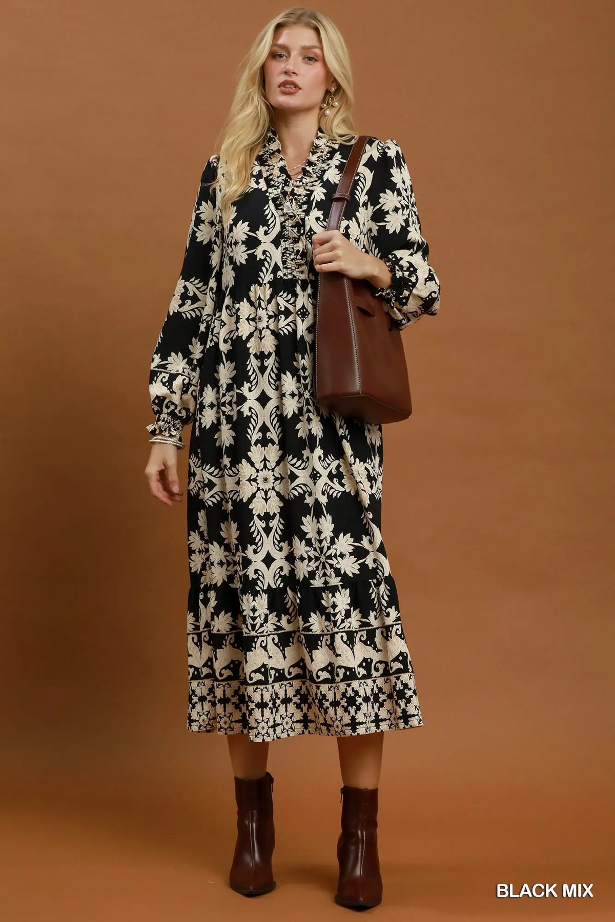 Umgee Black & Cream Border Print Ruffle Maxi Dress