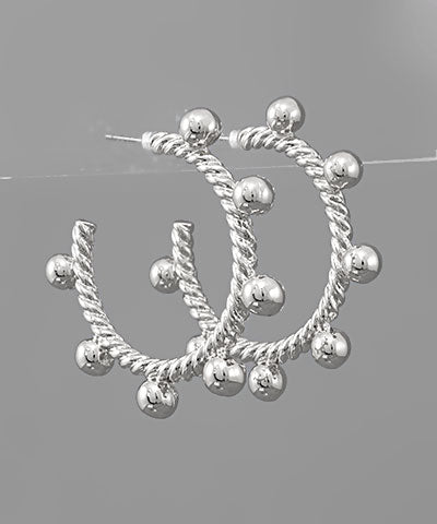 Silver Ball Studded Rope Hoop Earrings