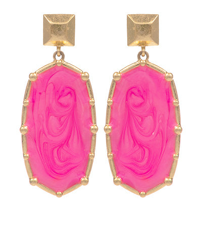 Pink Long Hexagon Enamel Drop Earrings