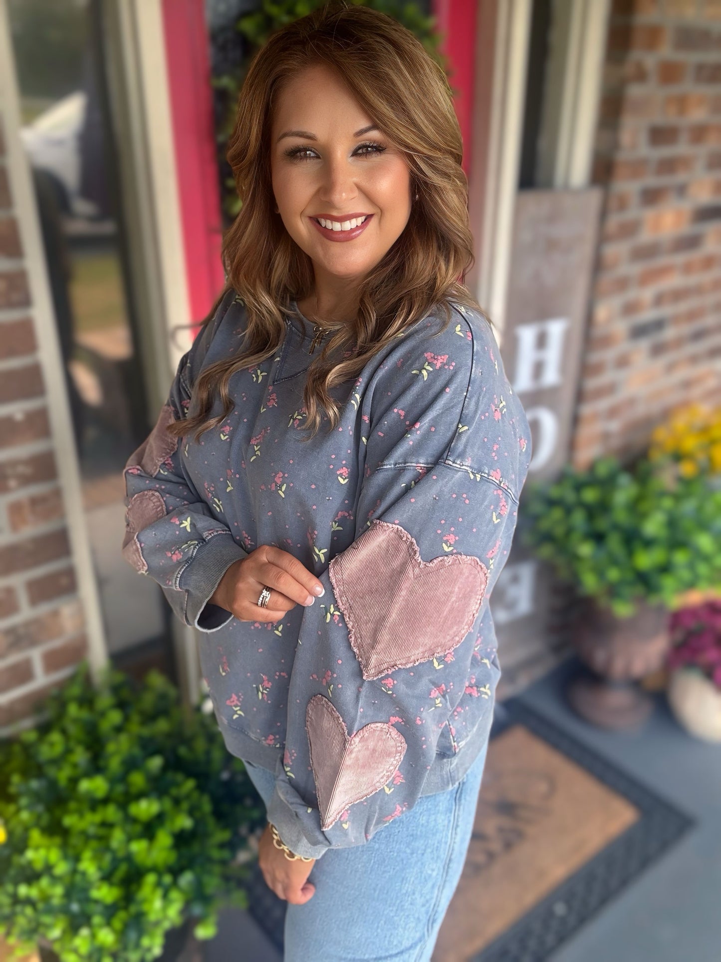 Easel Floral and Heart Terry Top
