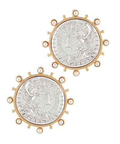 Twotone Coin & Pearl Earrings