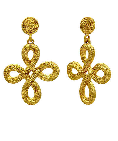 Gold Water Resistant Textured Rope Cross Earrings
