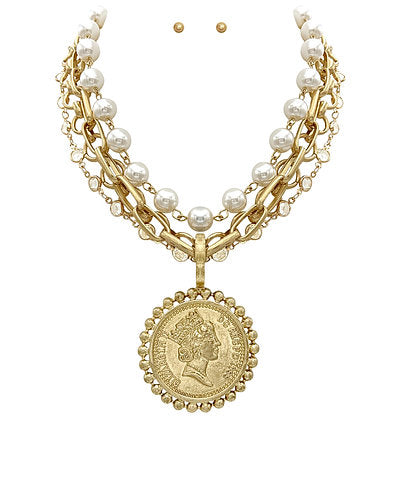 4 Layered Water Resistant Pearl & Round Pendant Necklace