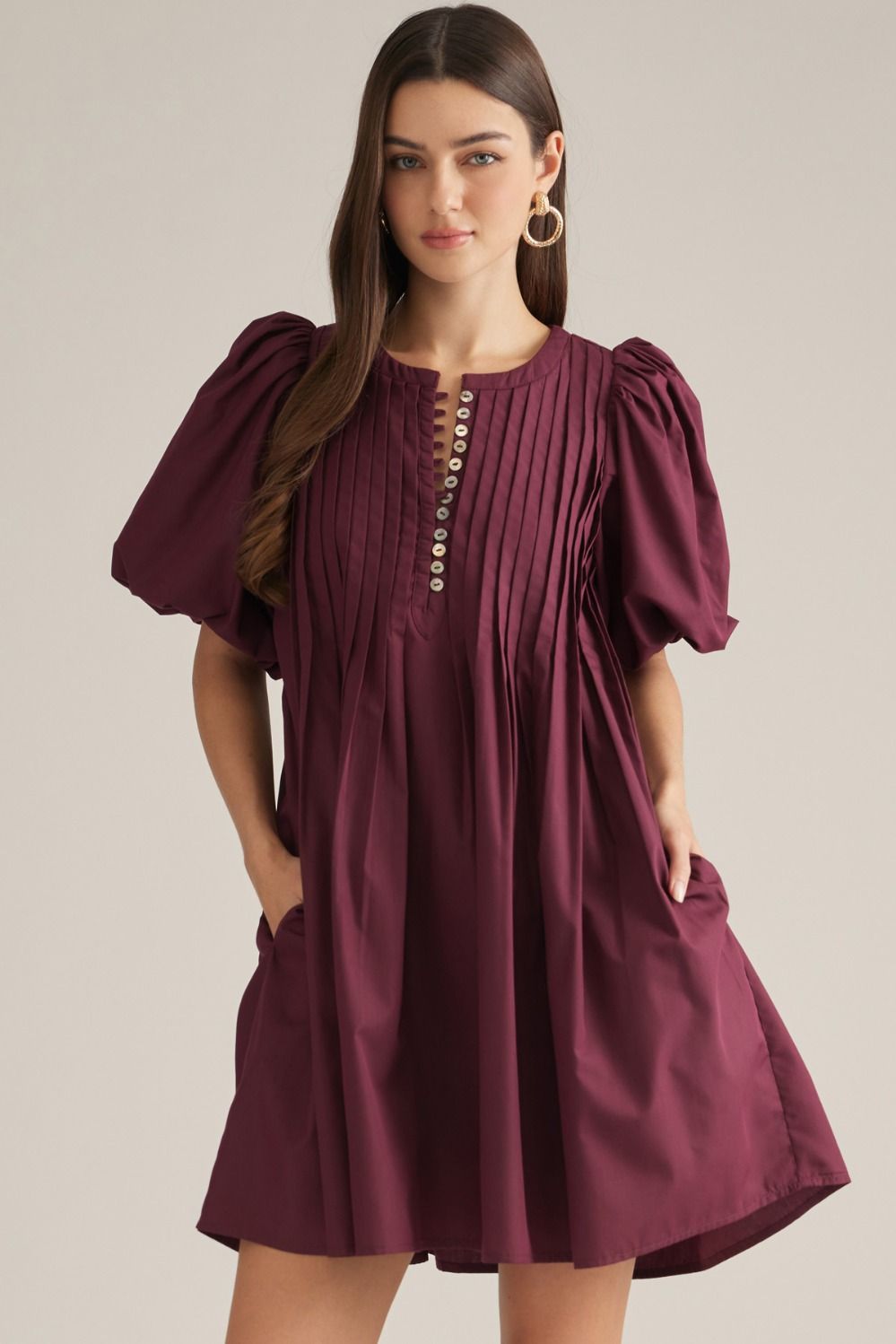 Entro Burgundy Game Day Pleated Puff Sleeve Mini Dress