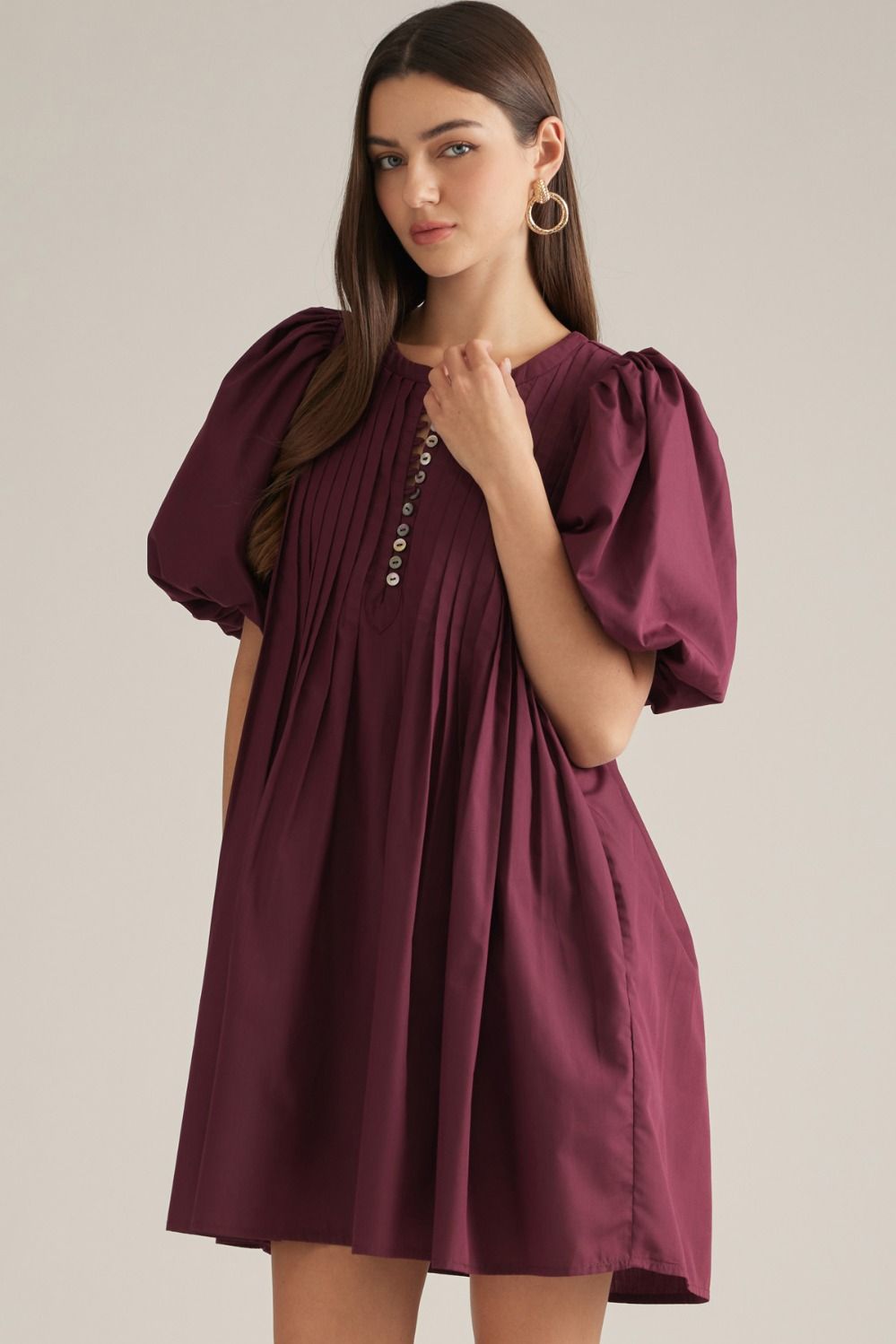 Entro Burgundy Game Day Pleated Puff Sleeve Mini Dress