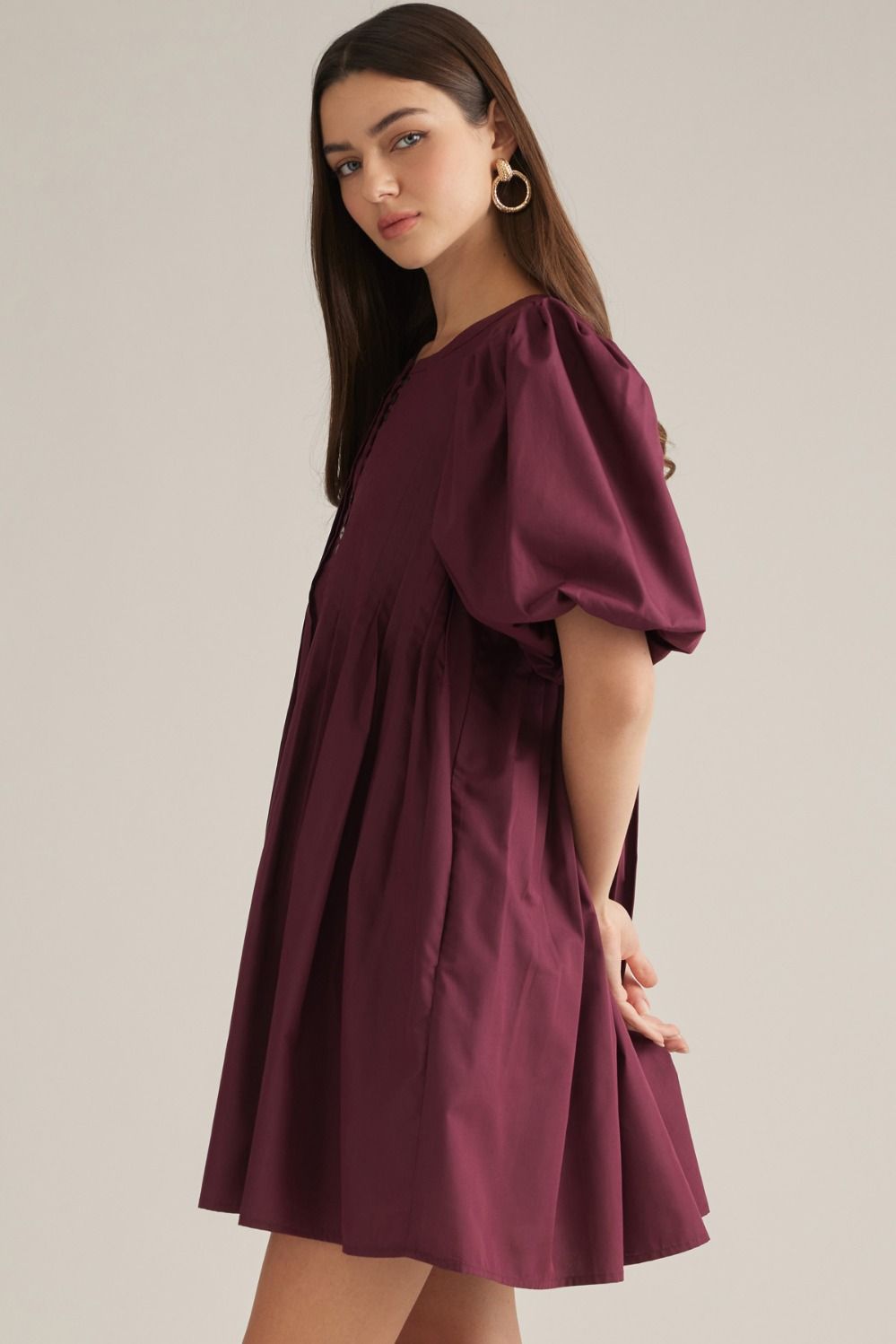 Entro Burgundy Game Day Pleated Puff Sleeve Mini Dress