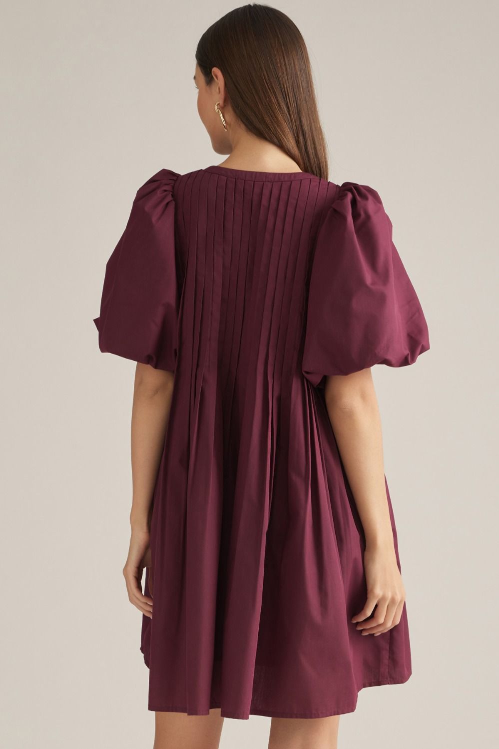 Entro Burgundy Game Day Pleated Puff Sleeve Mini Dress