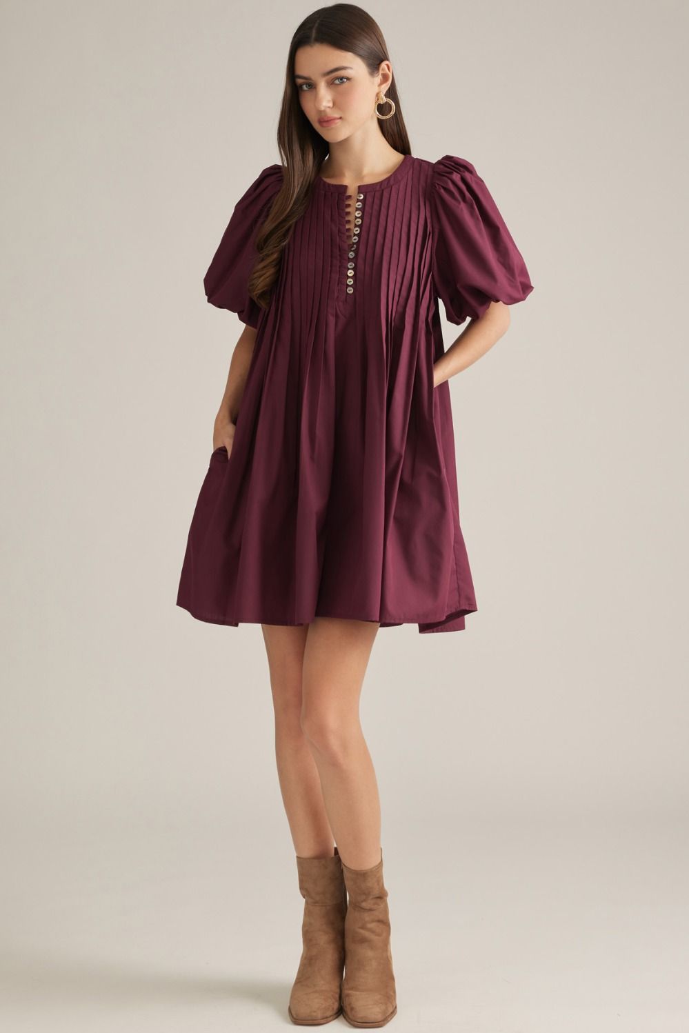 Entro Burgundy Game Day Pleated Puff Sleeve Mini Dress