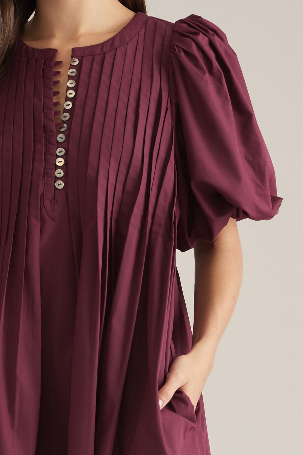 Entro Burgundy Game Day Pleated Puff Sleeve Mini Dress