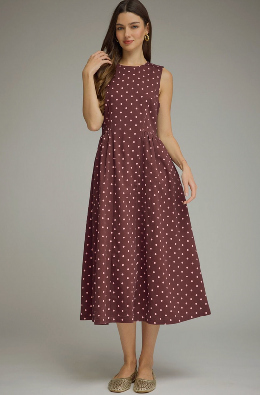 Entro Burgundy Polka Dot Midi Dress