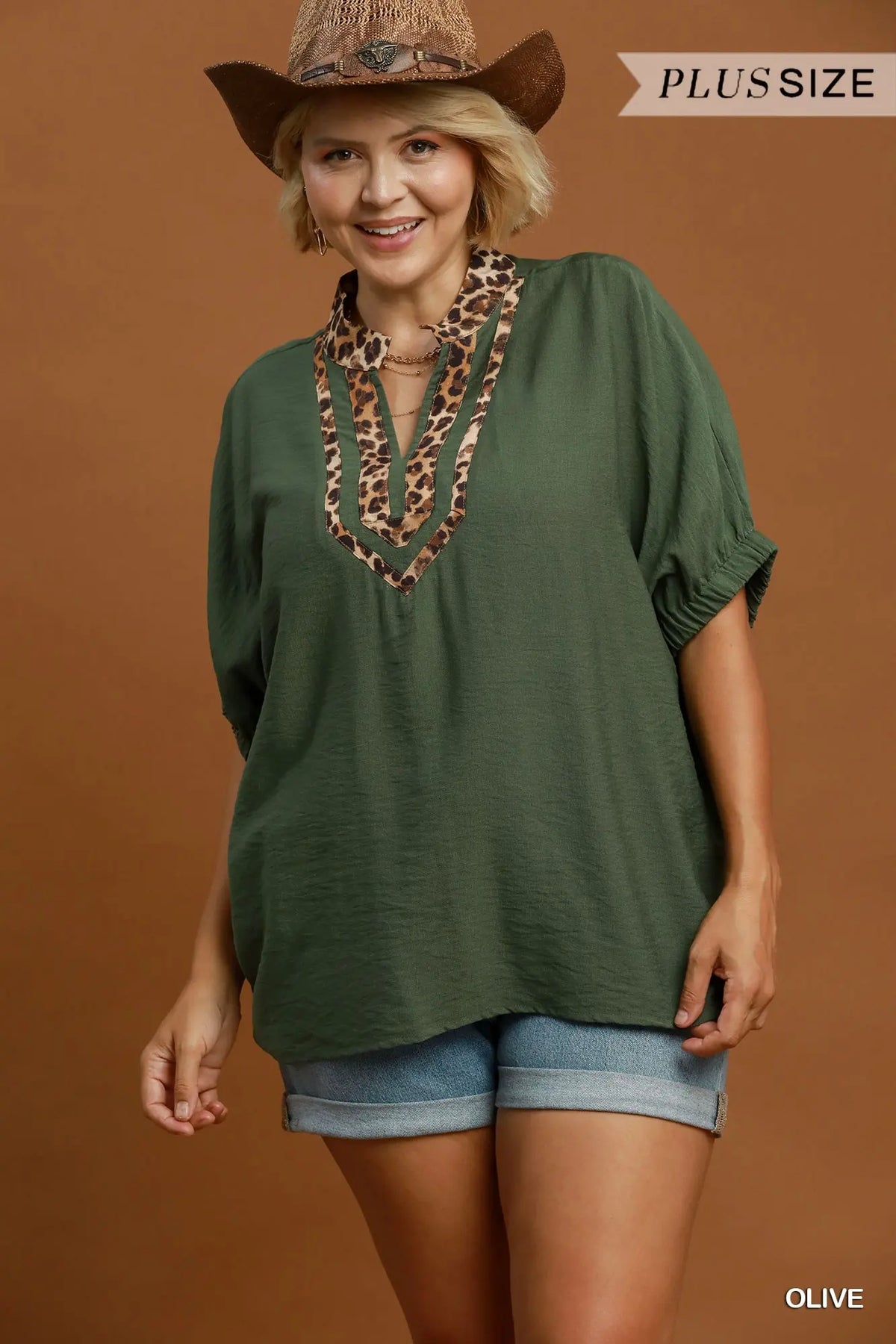 Umgee Leopard Trim Dolman Sleeve Blouse – Olive