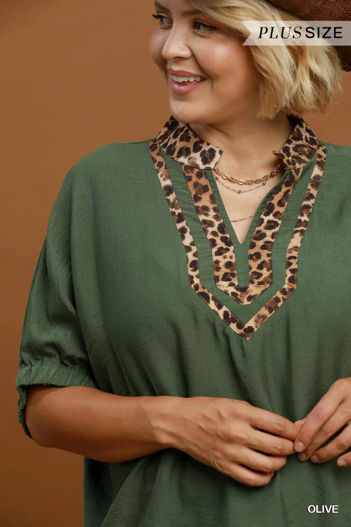 Umgee Leopard Trim Dolman Sleeve Blouse – Olive