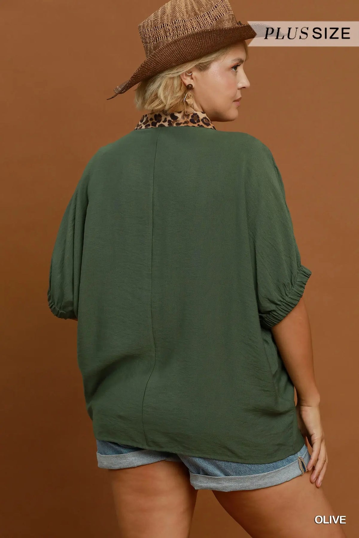 Umgee Leopard Trim Dolman Sleeve Blouse – Olive