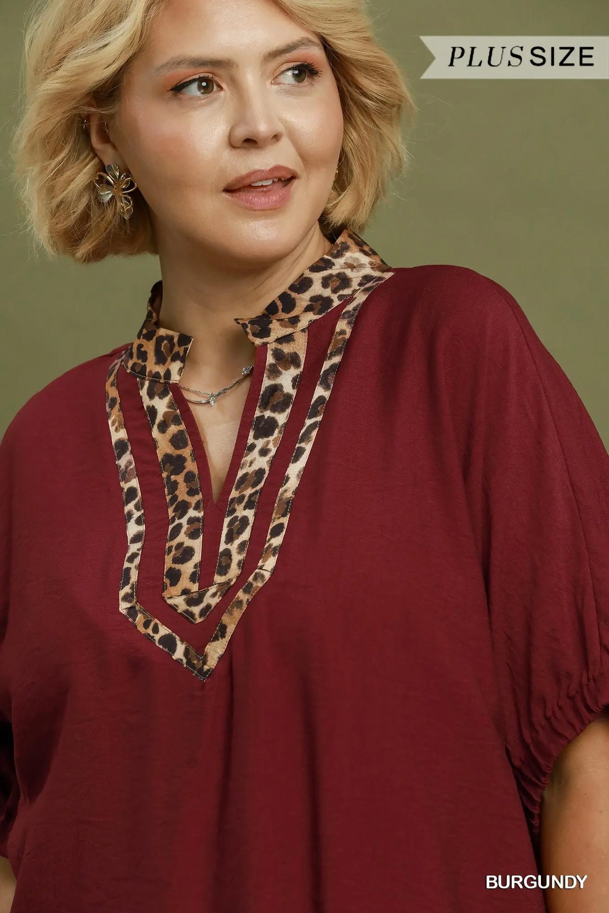 Umgee Leopard Trim Dolman Sleeve Blouse – Burgundy