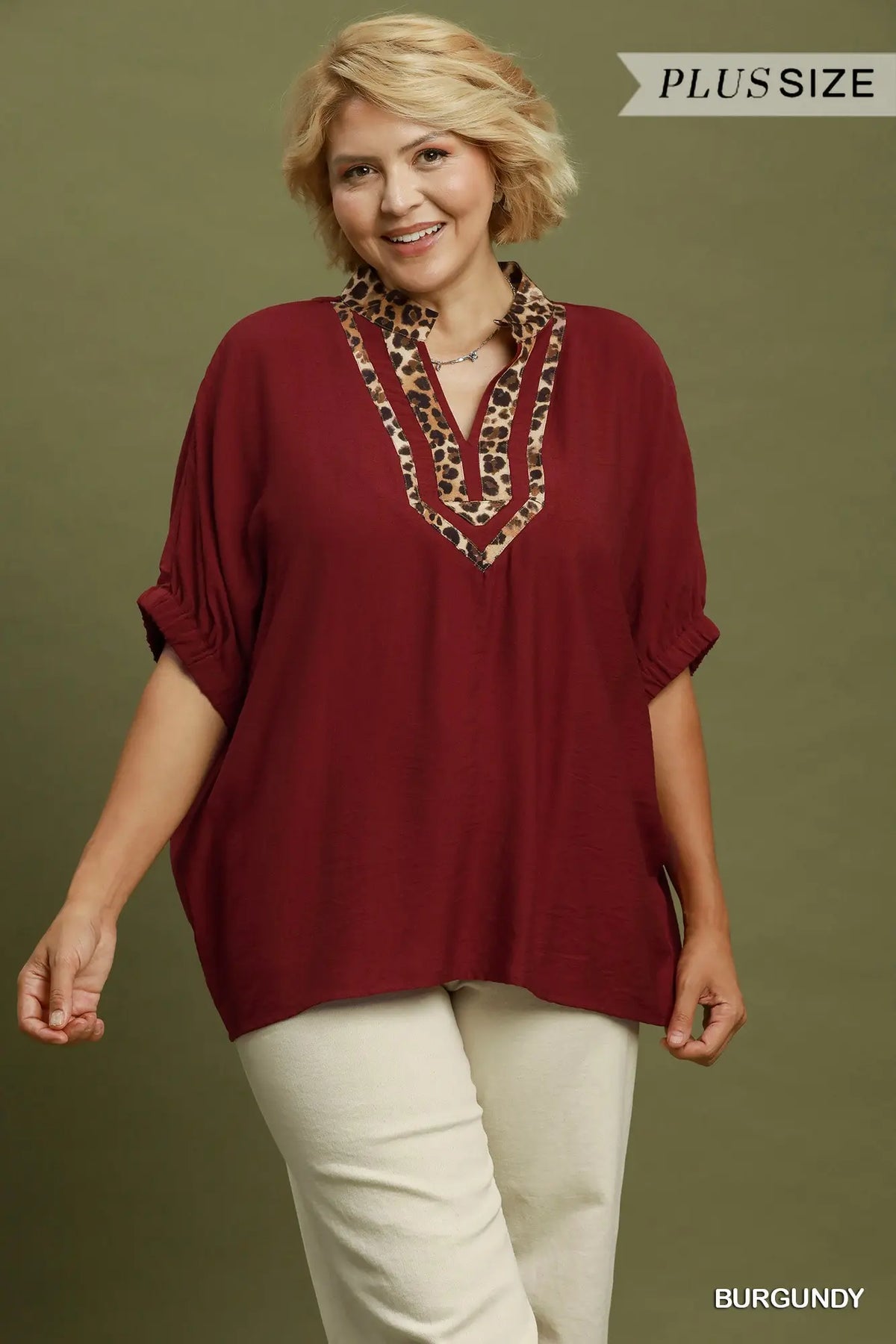 Umgee Leopard Trim Dolman Sleeve Blouse – Burgundy