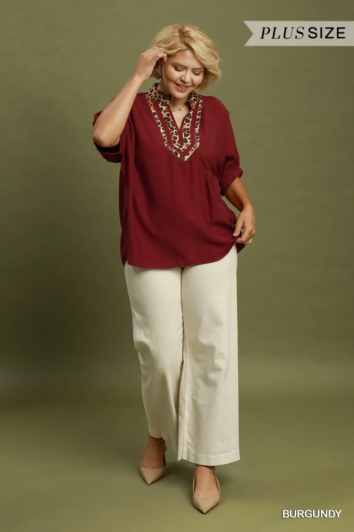 Umgee Leopard Trim Dolman Sleeve Blouse – Burgundy