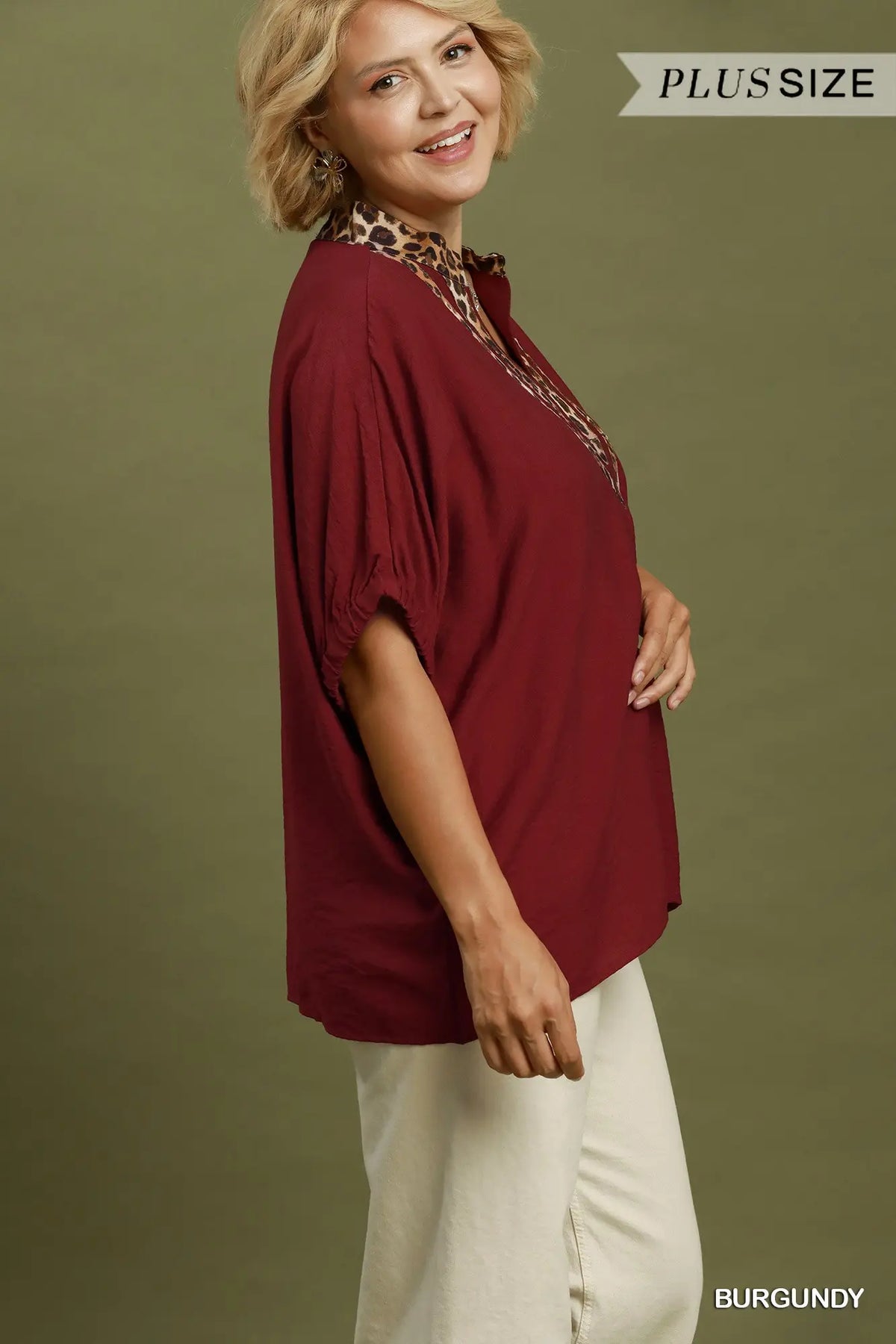 Umgee Leopard Trim Dolman Sleeve Blouse – Burgundy