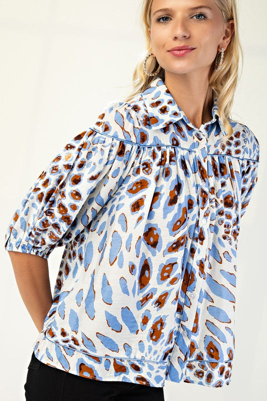 Blue Leopard Button Down Top