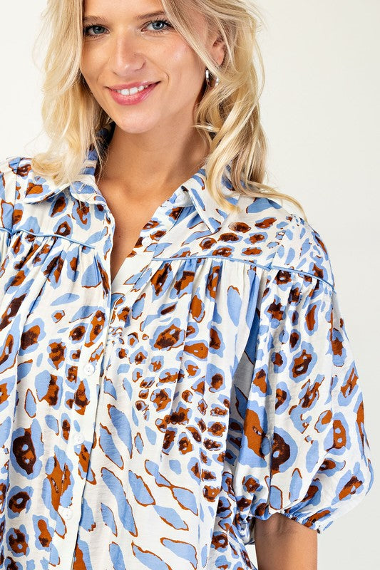 Blue Leopard Button Down Top