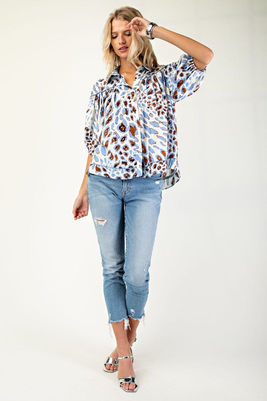 Blue Leopard Button Down Top