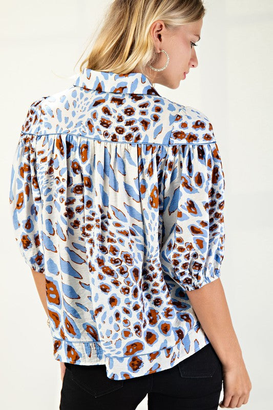 Blue Leopard Button Down Top