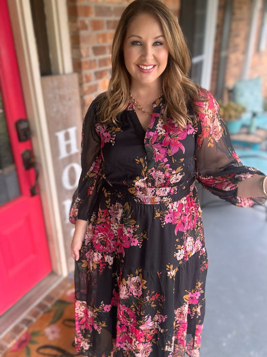 ODDI Black Floral Chiffon Midi Dress