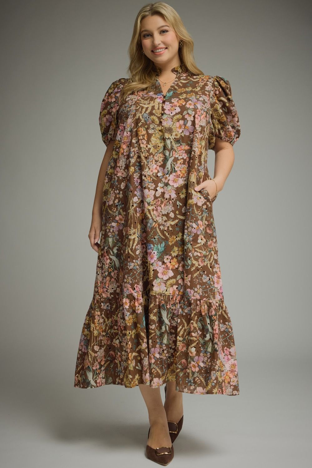 Entro Garden Romance Floral Eyelet Midi Dress