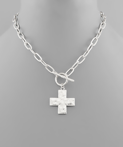 Silver Hammered Cross Toggle Necklace